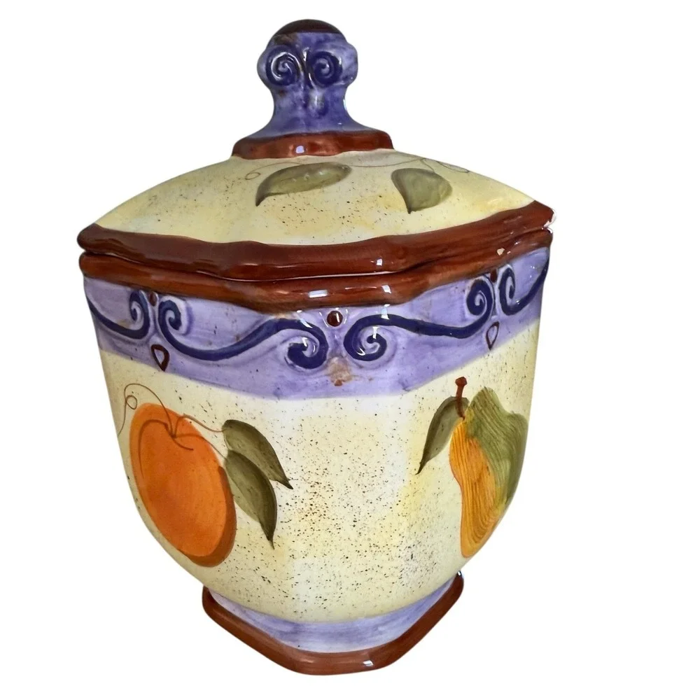 Set of 4 Medici Hand-painted Ceramic Canisters w/ Lids Fruit & Scroll Pattern‎